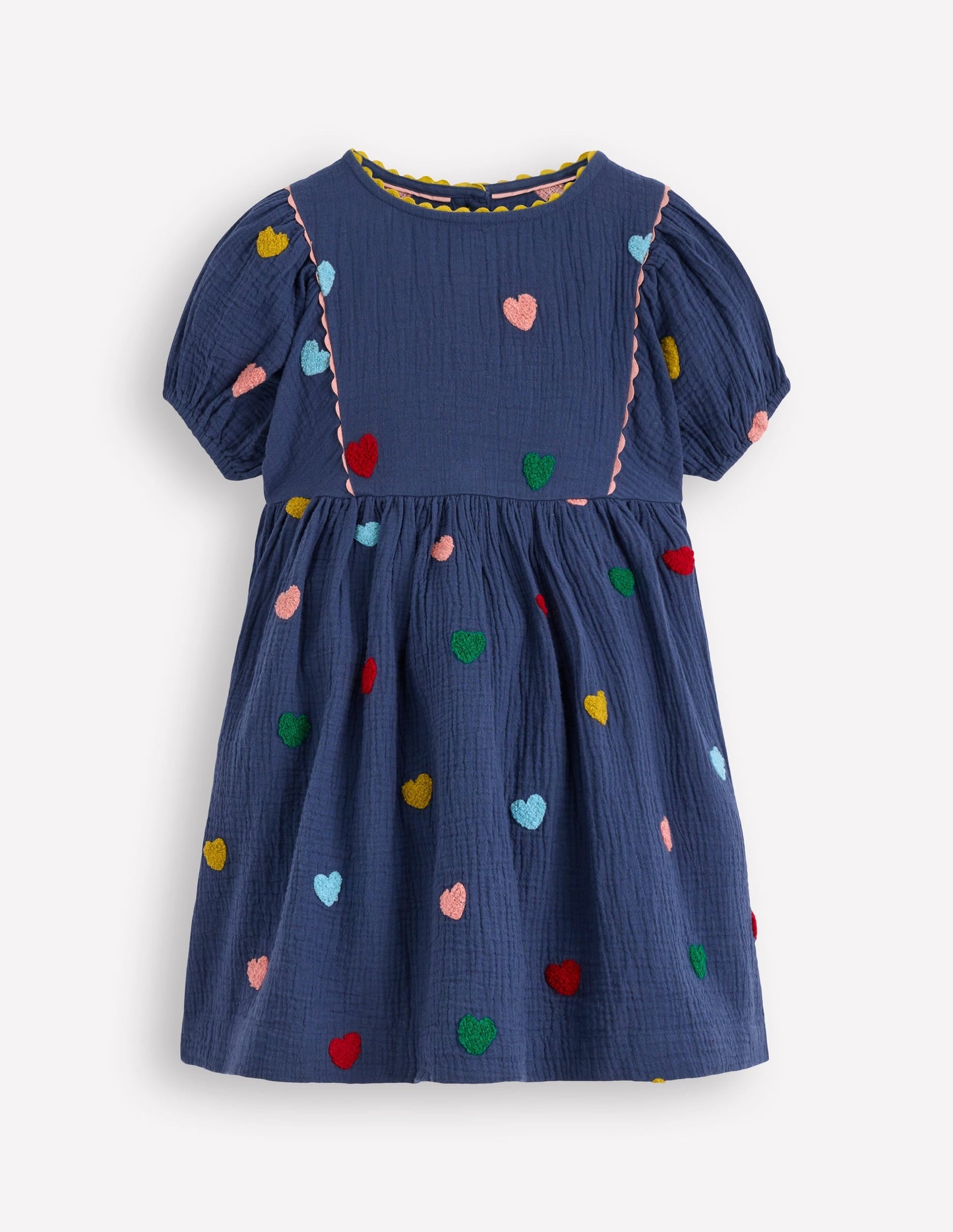 Puff Sleeve Double Cloth Dress-Starboard Blue Hearts