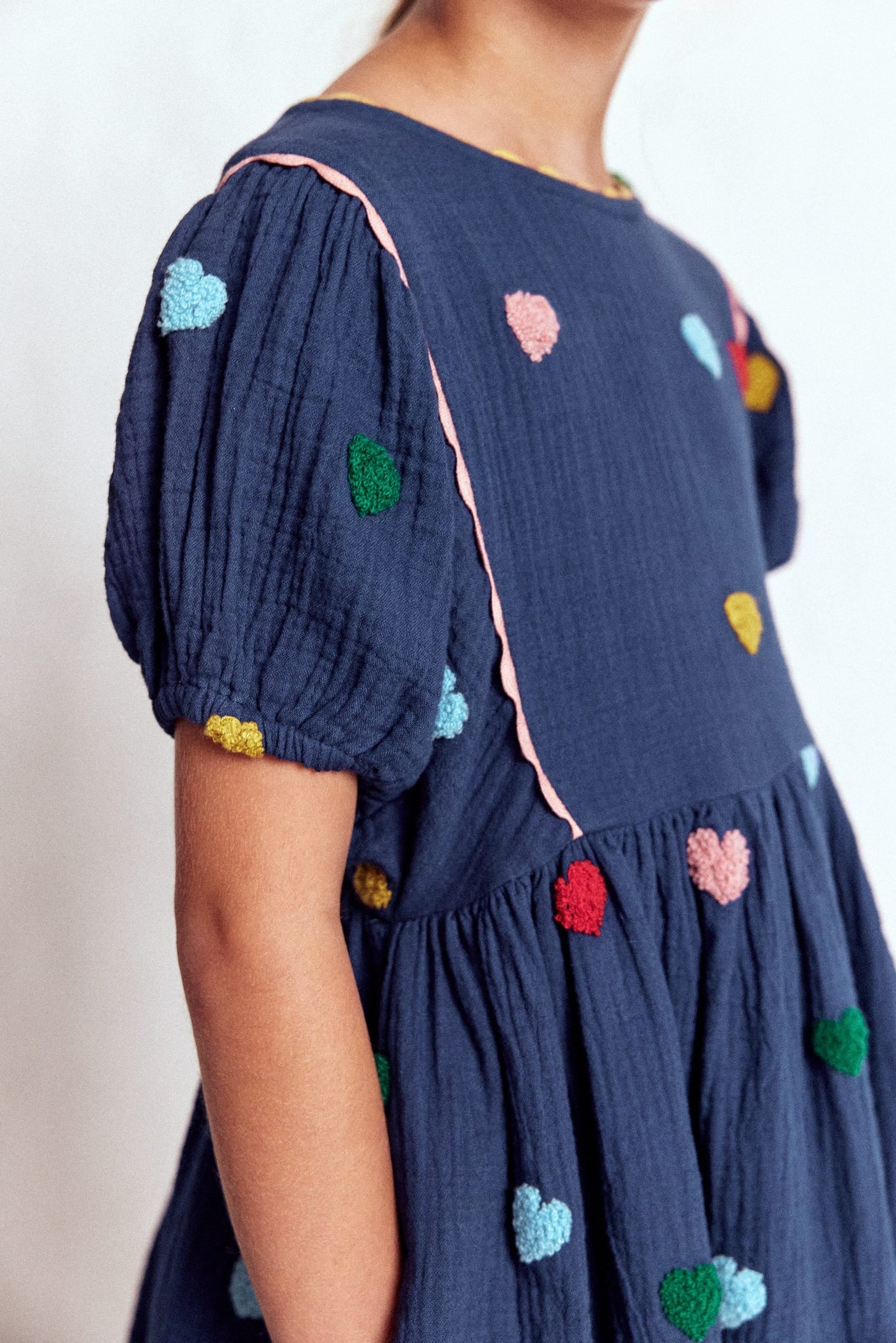 Puff Sleeve Double Cloth Dress-Starboard Blue Hearts