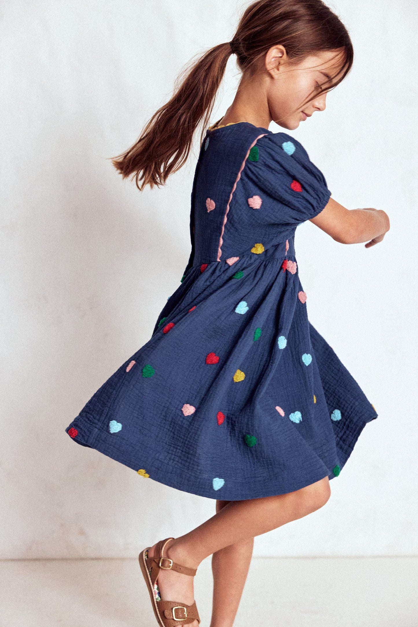 Puff Sleeve Double Cloth Dress-Starboard Blue Hearts
