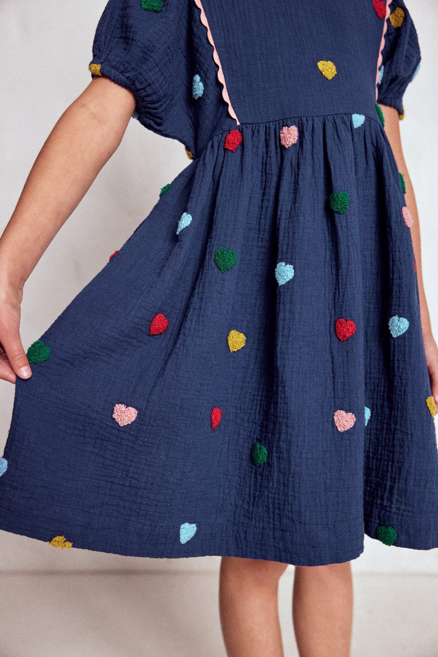 Puff Sleeve Double Cloth Dress-Starboard Blue Hearts