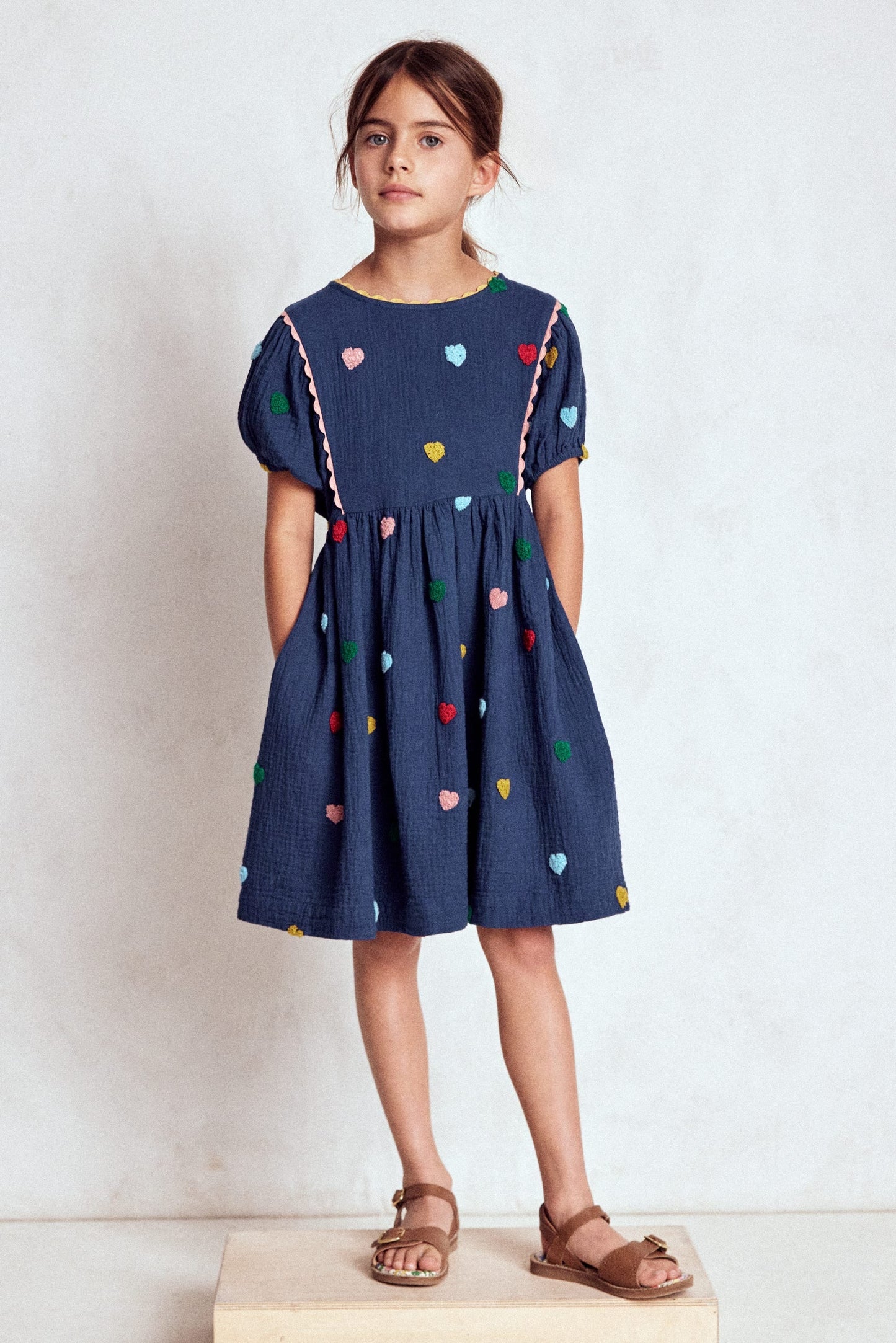 Puff Sleeve Double Cloth Dress-Starboard Blue Hearts